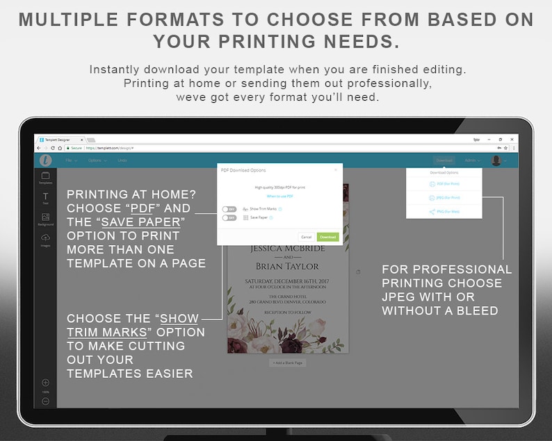 May include: Screenshot of a computer screen showing a website for designing and printing invitations. The website has a light blue background and a white interface. The user can choose from different download options for their invitation, including PDF, JPEG, and PNG. The website also has a section for choosing trim marks, which can be used to make cutting out the invitations easier. The invitation design is a floral design with a burgundy and pink color scheme.
