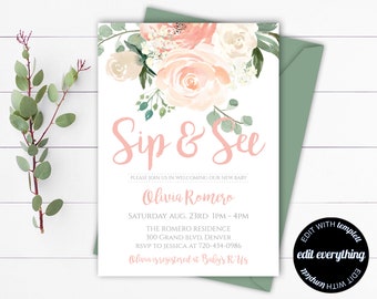 Pink Floral Sip and see Baby Shower Invite Girl Sip n See Invitation Floral Sip and See Invite Pink Floral Sip and See Printable Invitation