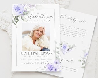 May include: A memorial card with a photo of a woman, a floral design, and the text "Celebrating the Life of Judith Patterson Oct 18, 1937 - Aug 24, 2022 Sunday, August 23rd, 2022 at 11am New Life Church 383 Hudson Dr. Denver, CO 9460".