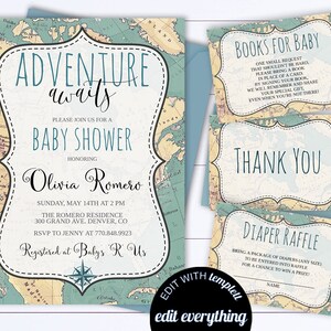 Adventure Awaits Baby Shower Invitation Template Travel Baby Shower Map Invitation Around The World Map Baby Shower Travel Invitation image 1