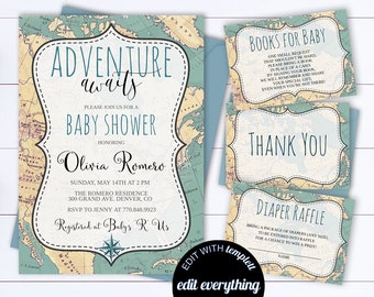 Adventure Awaits Baby Shower Invitation, World Map (Digital Download)