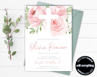 Pink Floral Baptism Invitation Template Girl Baptism Invitation Printable Baptism Invites Christening Invite Baby Girl Baptism Invitation