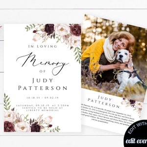 Floral Funeral Prayer Card Template Printable Memorial Prayer Card Template Editable Funeral Prayer Card Catholic Mass Card Obituary Card