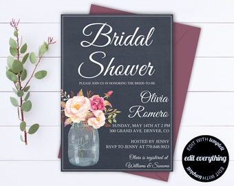Navy Floral Bridal Shower Invitation Template - Bridal Shower Invite - Printable Invite Wedding Shower - Printable Bridal Invitation