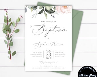 Blush Floral Baptism Invitation Template Girl Baptism Invitation Printable Baptism Invites Christening Invite Baby Girl Baptism Invitation