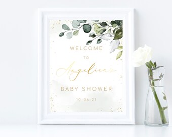 Editable Baby Shower Welcome Sign Template Greenery Baby Shower Welcome Sign Gold Baby Welcome Sign Printable Baby Shower Sign