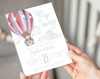 Teddy bear Hot Air Balloon Baby Shower Invitation Template Up Up and Away Hot Air Balloon Invitation Editable Baby Boy Baby Shower Invite