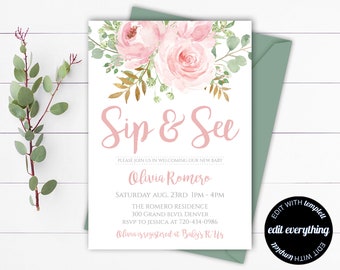 Pink Floral Sip and see Baby Shower Invite Girl Sip n See Invitation Floral Sip and See Invite Pink Floral Sip and See Printable Invitation