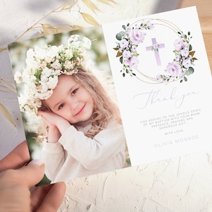 Violet floral Wreath Baptism Thank You Card Template Gold Geometric Baptism Thank You Card Printable Thank You Card Editable Thank you card