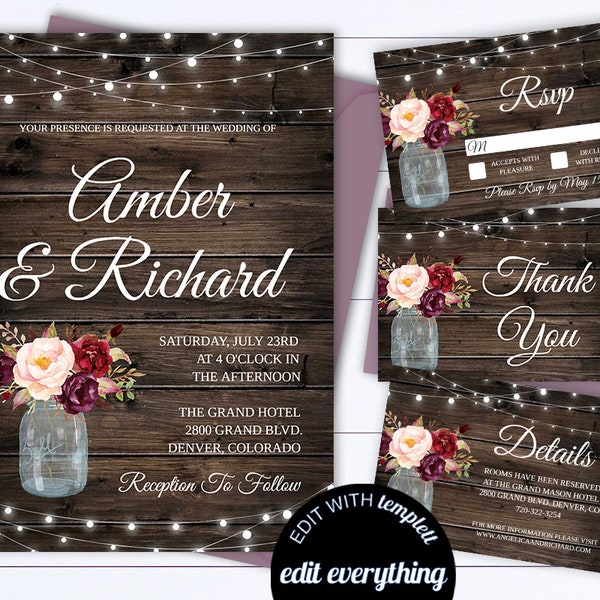 Rustic Wedding Invitation Template - Country Wedding Template - Instant Download Printable Invitation - Rustic Invitation Wedding Template
