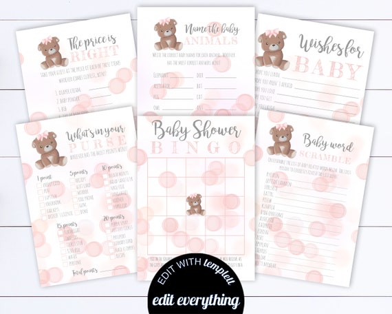 Pink Bear Baby Shower Games Printable Baby Shower Games | Etsy