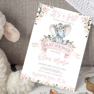 Modèle d&#39;invitation de douche de bébé éléphant modifiable fille bébé éléphant bébé douche inviter ensemble de douche de bébé