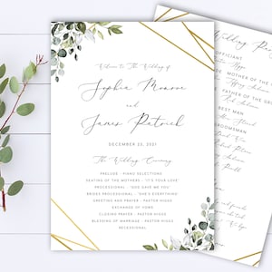 Puede incluir: Programas de ceremonia de boda elegantes con detalles geométricos dorados y florales. Los programas presentan los nombres de Sophia Monroe y James Patrick, junto con la fecha de la boda, 23 de diciembre de 2021. Incluye detalles de la ceremonia.