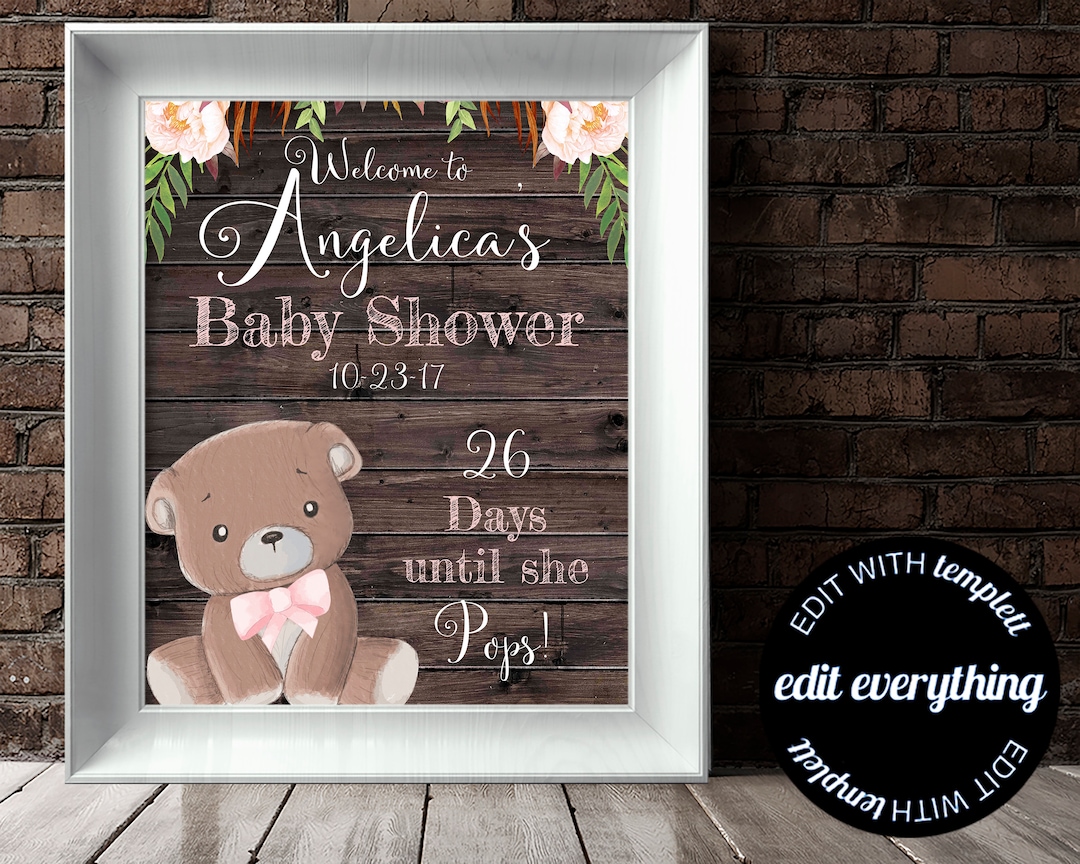 Pink Bear Baby Shower Welcome Sign Baby Welcome Sign Teddy Bear Baby ...