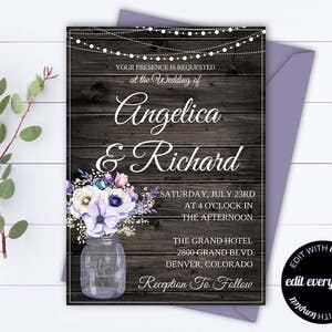 Rustic Wedding Invitation Template - Country Wedding Template - String Lights Printable Invitation - Rustic Invitation Wedding Template