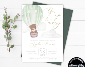 Inbjudan till babyshower med varmluftsballong och nallebjörn, könsneutral, upp och bort, inbjudan till babyshower med varmluftsballong och nallebjörn, könsneutral, inbjudan till babyshower