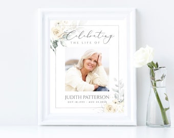 Editable Celebration of Life Welcome Sign Template White Floral Memorial Sign Celebrating The Life of Funeral Sign Printable Funeral FT03