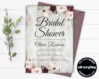 Rustic Bridal Shower Invitation - Country Bridal Shower Invite - Floral Bridal Shower Printable Invitation - Rustic wedding shower invite