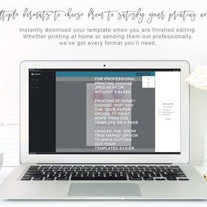 May include: A laptop computer screen displaying a document with instructions for professional printing. The document includes information about choosing JPEG with or without a bleed, printing at home, and using the "Save Paper" option to print more than one template on a page. The document also includes instructions for choosing the "Show Trim Marks" option to make cutting out templates easier.