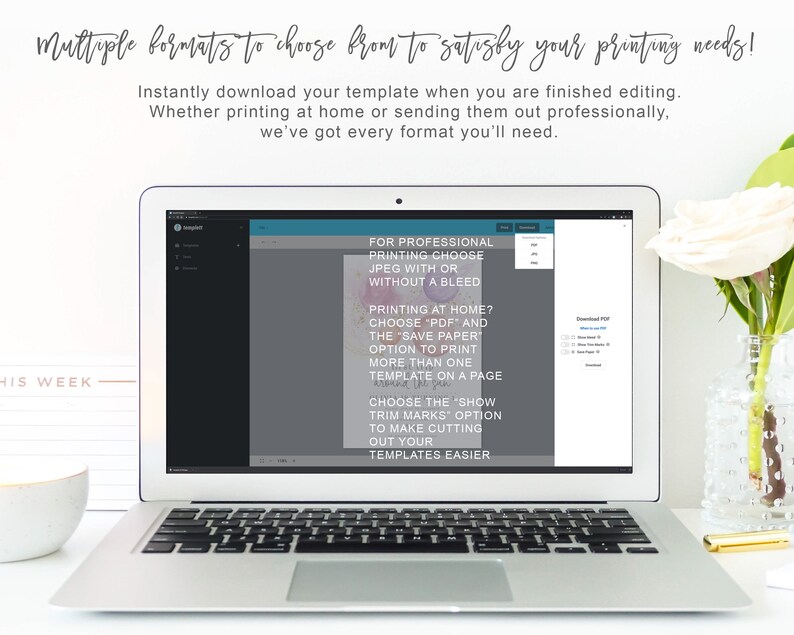 May include: A laptop computer screen displaying a document with instructions for professional printing. The document includes information about choosing JPEG with or without a bleed, printing at home, and using the "Save Paper" option to print more than one template on a page. The document also includes instructions for choosing the "Show Trim Marks" option to make cutting out templates easier.
