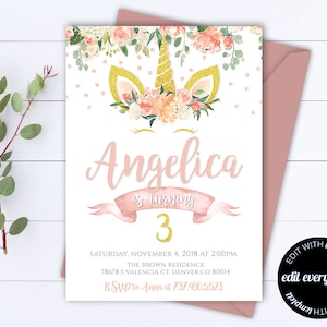 Gold Glitter Unicorn Birthday Invitation Unicorn Birthday Party Invitation Printable Unicorn Party Unicorn Birthday Party Unicorn Birthday