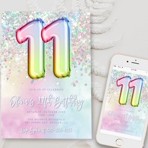 Editable 11th Birthday Invitation Template Rainbow Glitter Birthday Invite Foil Pastel Girl Eleventh Birthday Instant Download Digital BD15