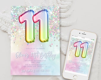 Editable 11th Birthday Invitation Template Rainbow Glitter Birthday Invite Foil Pastel Girl Eleventh Birthday Instant Download Digital BD15