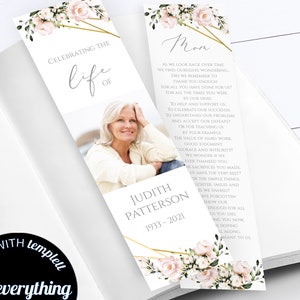 Editable Funeral Bookmark Template Printable Funeral Bookmark Blush Floral Memorial Bookmark Gold Geometric Bookmark Memorial Keepsake FT06