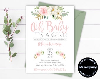 Pink Floral Baby Shower Invitation Template Floral Watercolor Baby Shower Invite Girl Baby Shower Flower Invitation Its a girl Baby Shower