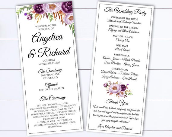 Tea Length Wedding Program Template Floral Ceremony Program Etsy