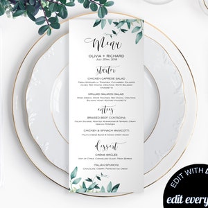 Greenery Wedding Menu Template Garden Wedding Menu Cards Botanical Menu Eucalyptus Menu Card Greenery Menu Card Printable Wedding Menu Cards