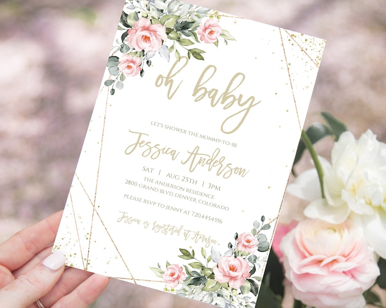 Pink Floral Oh Baby Shower Invitation Template Set Blush Pink Floral Printable Girl Baby Shower Invitation Gold Geometric Baby Shower Invite