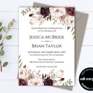 Blush Floral Wedding Invitation Printable Wedding Invitations Printable Invitation Suite Floral Invitation Set Floral Invitation Template