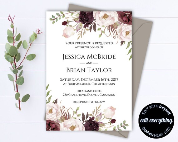 Blush Floral Wedding Invitation Printable Wedding Invitations Printable Invitation Suite Floral Invitation Set Floral Invitation Template