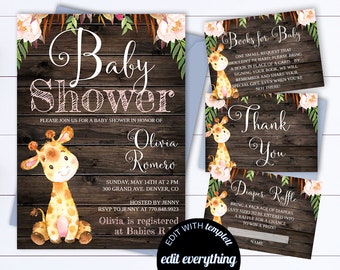 Giraffe Rustic Baby Shower Invitation Template Girl Baby Shower Invite Giraffe Baby Shower Template Rustic Baby Girl Shower invitation