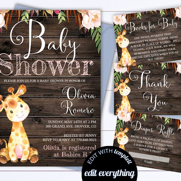 Giraffe rustieke babyshower uitnodigingssjabloon Babyshower voor meisjes uitnodigt Giraffe babyshowersjabloon Rustieke babyshoweruitnodiging voor babymeisjes