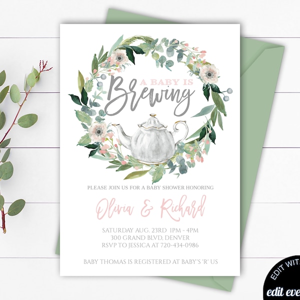 Tea Party Baby Shower Invitation Template Baby Shower Tea Party Invitation Tea Baby Shower Invite A Baby is Brewing Baby Shower Invitation