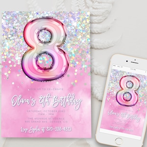 Editable Pink 8th Birthday Invitation Template Glitter Birthday Party Invite Rainbow Foil Girl Eighth Birthday Instant Download Digital BD16