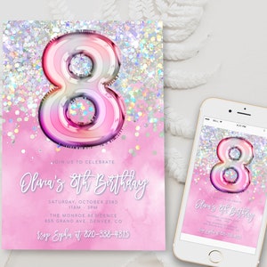 Editable Pink 8th Birthday Invitation Template Glitter Birthday Party Invite Rainbow Foil Girl Eighth Birthday Instant Download Digital BD16