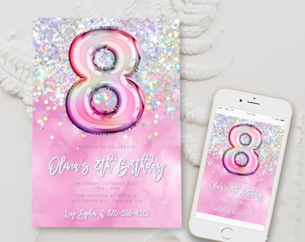 Editable Pink 8th Birthday Invitation Template Glitter Birthday Party Invite Rainbow Foil Girl Eighth Birthday Instant Download Digital BD16