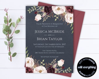 Blush Floral Wedding Invitation Printable Wedding Invitations Printable Invitation Suite Floral Invitation Set Floral Invitation Template