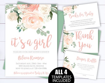 Floral Baby Shower Invitation Template Floral Watercolor Baby Shower Invite Girl Baby Shower Flower Invitation Pink Its a girl Baby Shower