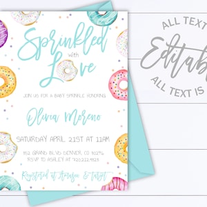 Donut Sprinkle Invitation Template Sprinkled with Love Baby Shower Invitation Baby Sprinkle Donut Invite Donut Sprinkle Baby Shower Invite