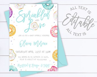 Donut Sprinkle Invitation Template Sprinkled with Love Baby Shower Invitation Baby Sprinkle Donut Invite Donut Sprinkle Baby Shower Invite