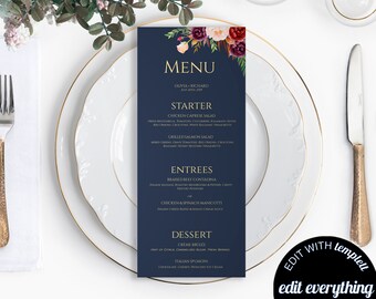 Floral Navy Wedding Menu Template Floral Wedding Menu Cards Floral Menu Floral Menu Template Floral Menu Card Printable Wedding Menu Cards
