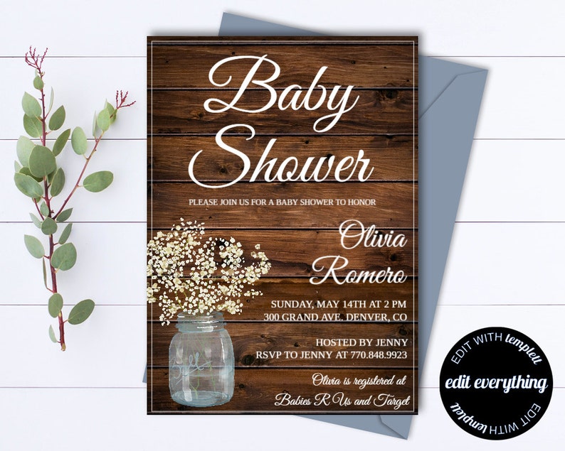 Rustic Baby Shower Invitation Template Girl Baby Shower Invite Etsy