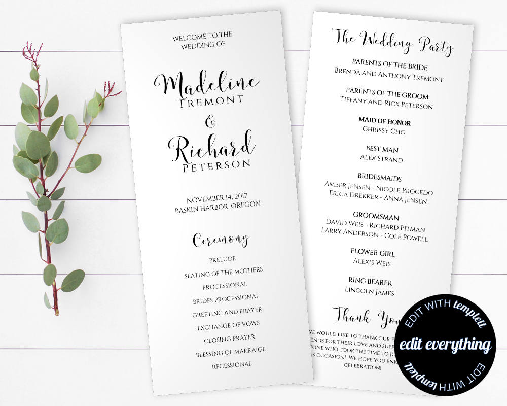 Tea Length Wedding Program Template Diy Wedding Program | Etsy