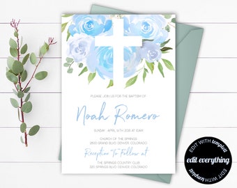 Blue Floral Baptism Invitation Template Boy Baptism Invitation Printable Baptism Invites Christening Invite Baby Boy Baptism Invitation