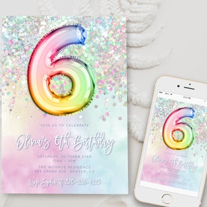 Editable Rainbow Glitter 6th Birthday Invitation Template 6th Birthday Invite Foil Pastel Girl Sixth Birthday Instant Download Digital BD15