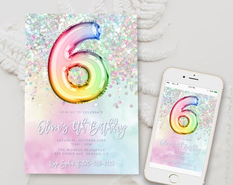 Puede incluir: Un globo con forma de número seis de colores arcoíris, sobre un fondo brillante. La invitación dice "Join us to celebrate Obama's 6th Birthday". También incluye la fecha, la hora, la ubicación y la información de RSVP.